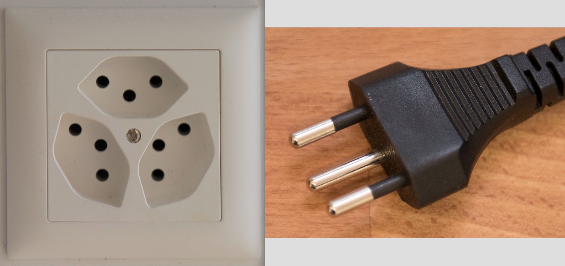 Type J Swiss plug and socket — three round pins in offset triangular pattern